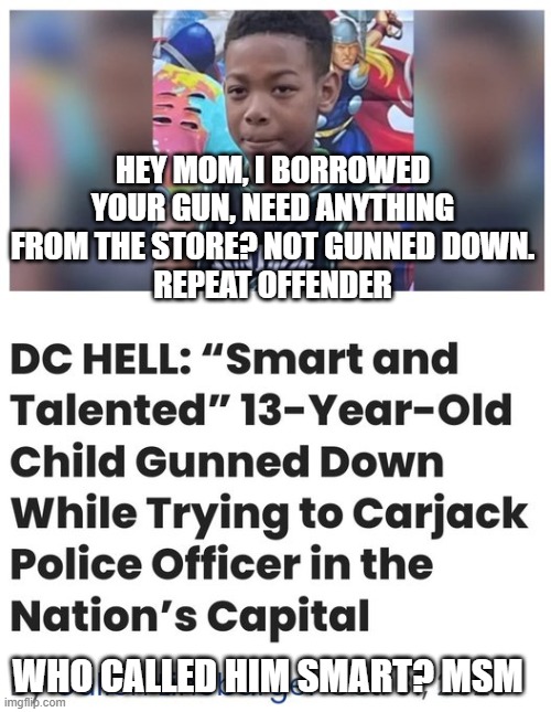 Not So Smart. | HEY MOM, I BORROWED YOUR GUN, NEED ANYTHING FROM THE STORE? NOT GUNNED DOWN.
REPEAT OFFENDER; WHO CALLED HIM SMART? MSM | image tagged in not so smart | made w/ Imgflip meme maker