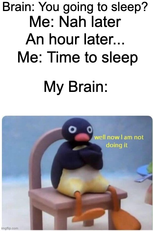 Brain: You going to sleep? Me: Nah later; An hour later... Me: Time to sleep; My Brain: | image tagged in well now i'm not doing it | made w/ Imgflip meme maker