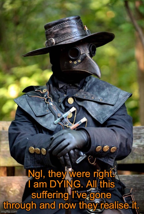 They only realised now, and I don’t know what to say. | Ngl, they were right. I am DYING. All this suffering I’ve gone through and now they realise it. | image tagged in plague doctor | made w/ Imgflip meme maker