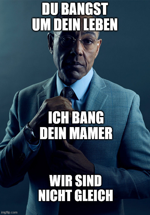 Gus Fring we are not the same | DU BANGST UM DEIN LEBEN; ICH BANG DEIN MAMER; WIR SIND NICHT GLEICH | image tagged in gus fring we are not the same | made w/ Imgflip meme maker