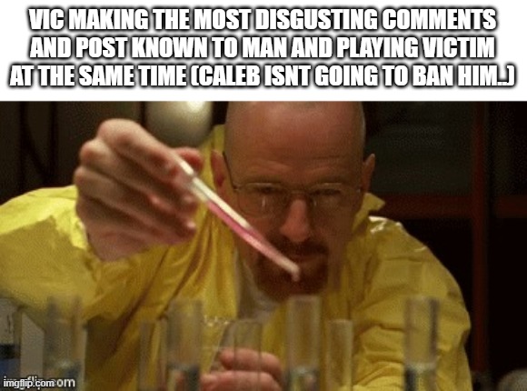 yeah. he wont ban him. | VIC MAKING THE MOST DISGUSTING COMMENTS AND POST KNOWN TO MAN AND PLAYING VICTIM AT THE SAME TIME (CALEB ISNT GOING TO BAN HIM..) | image tagged in walter white cooking | made w/ Imgflip meme maker