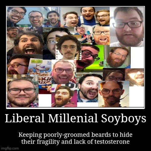 Millenial libs be like: | Liberal Millenial Soyboys | Keeping poorly-groomed beards to hide their fragility and lack of testosterone | image tagged in funny,demotivationals,stupid liberals,liberal millenials,soyjak | made w/ Imgflip demotivational maker