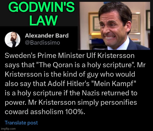 Godwin's Law | GODWIN'S 
LAW | image tagged in q'ringe,adolf hitler,hitler,radical islam,islamic terrorism,sweden | made w/ Imgflip meme maker