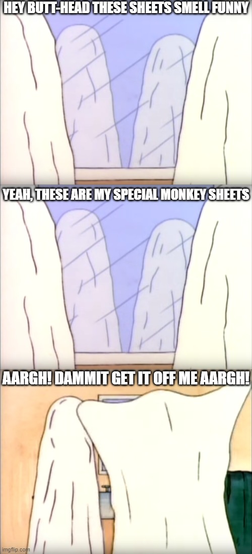 Special Monkey Sheets | HEY BUTT-HEAD THESE SHEETS SMELL FUNNY; YEAH, THESE ARE MY SPECIAL MONKEY SHEETS; AARGH! DAMMIT GET IT OFF ME AARGH! | image tagged in beavis and butthead,sheets,halloween | made w/ Imgflip meme maker