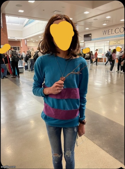 Frisk Halloween Costume! | image tagged in frisk,halloween costume,undertale,sans undertale is coming for your gluteus maximus | made w/ Imgflip meme maker
