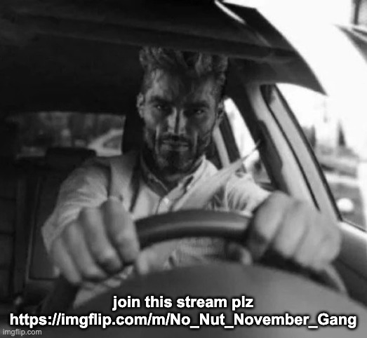 Gigachad driving | join this stream plz
https://imgflip.com/m/No_Nut_November_Gang | image tagged in gigachad driving | made w/ Imgflip meme maker