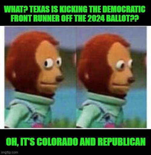 That's a Nice Banana Tactic you have There, Democratic State, Would be a Shame if a Republican State did the Same | WHAT? TEXAS IS KICKING THE DEMOCRATIC FRONT RUNNER OFF THE 2024 BALLOT?? OH, IT'S COLORADO AND REPUBLICAN | image tagged in side eye teddy | made w/ Imgflip meme maker