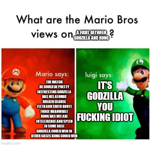 GVK | A FIGHT BETWEEN GODZILLA AND KONG; THE MATCH BE COULD BE PRETTY INTERESTING GODZILLA HAS HIS ATOMIC BREATH CLAUSE TEETH AND SHEER BRUTE FORCE MEANWHILE KONG HAS HIS AXE INTELLIGENCE AND SPEED IN SOME CASE GODZILLA COULD WIN IN OTHER CASES KONG COULD WIN; IT'S GODZILLA YOU FUCKING IDIOT | image tagged in mario says luigi says | made w/ Imgflip meme maker