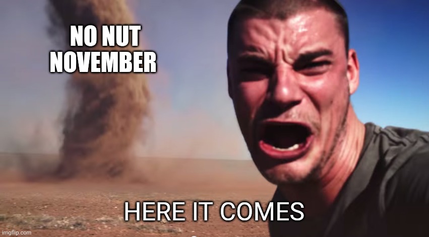 Here it comes | NO NUT NOVEMBER; HERE IT COMES | image tagged in here it comes | made w/ Imgflip meme maker