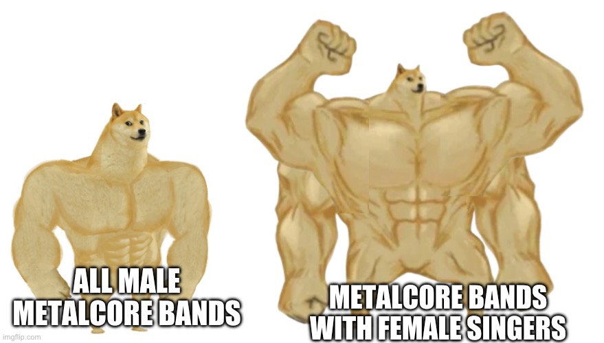 Though I like other sub-genres better, the bands Conquer Divide and Ankor are worth checking out | METALCORE BANDS WITH FEMALE SINGERS; ALL MALE METALCORE BANDS | image tagged in buff doge,metalcore | made w/ Imgflip meme maker