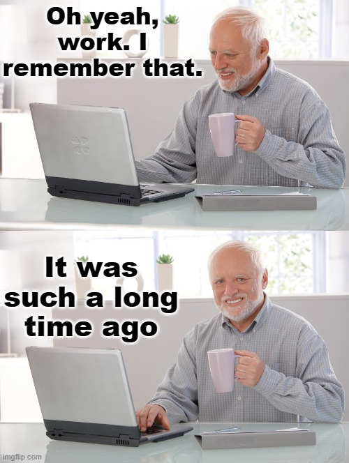 Work | Oh yeah, work. I remember that. It was such a long time ago | image tagged in old man at computer,work,long time ago,retirement | made w/ Imgflip meme maker