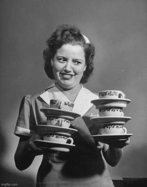 smiling waitress balancing coffee | image tagged in smiling waitress balancing coffee | made w/ Imgflip meme maker