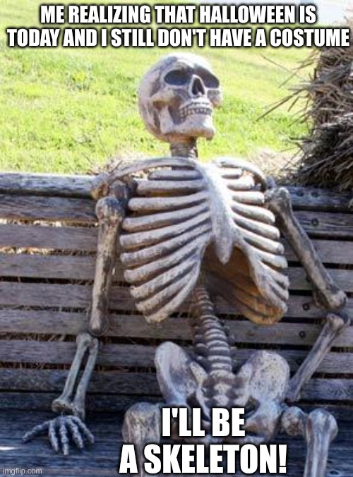 Whada mean... today? | ME REALIZING THAT HALLOWEEN IS TODAY AND I STILL DON'T HAVE A COSTUME; I'LL BE A SKELETON! | image tagged in memes,waiting skeleton,halloween,skeleton | made w/ Imgflip meme maker