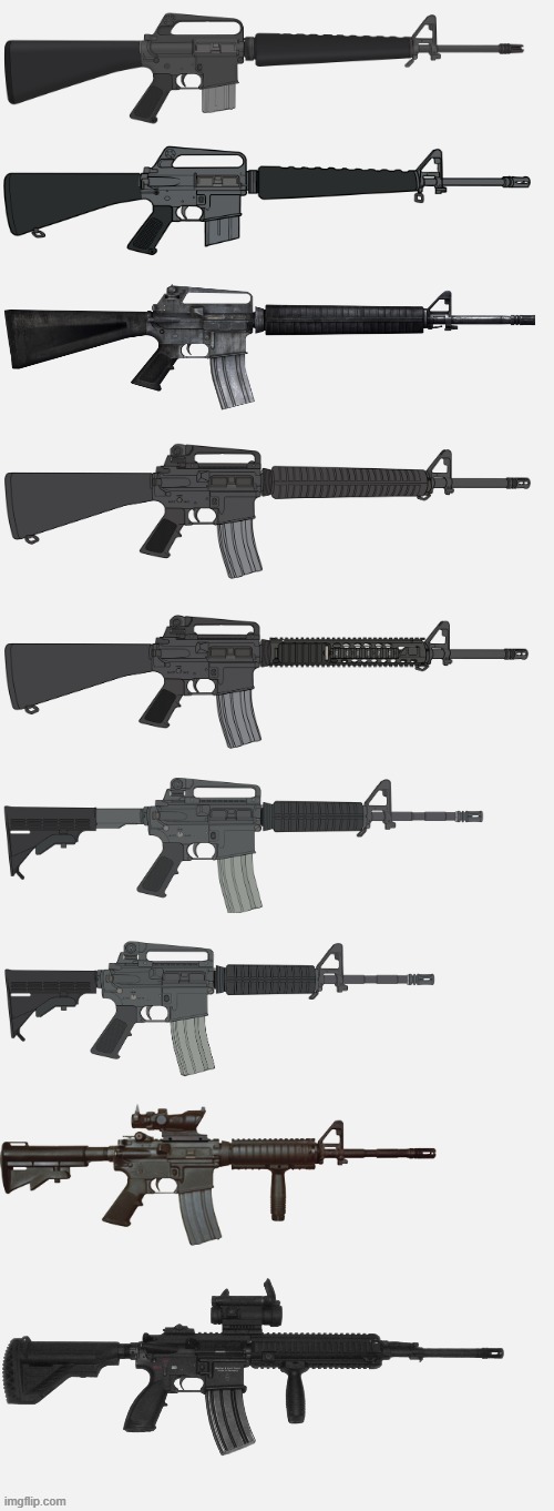 The Colt M16 Evolution. | image tagged in large white blank background,colt,m16,assault rifle,rifle,military | made w/ Imgflip meme maker