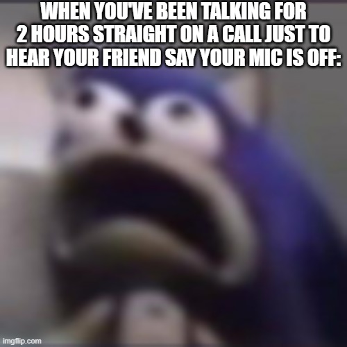 :( | WHEN YOU'VE BEEN TALKING FOR 2 HOURS STRAIGHT ON A CALL JUST TO HEAR YOUR FRIEND SAY YOUR MIC IS OFF: | image tagged in distress,funny,funny memes,fun,relatable memes,memes | made w/ Imgflip meme maker
