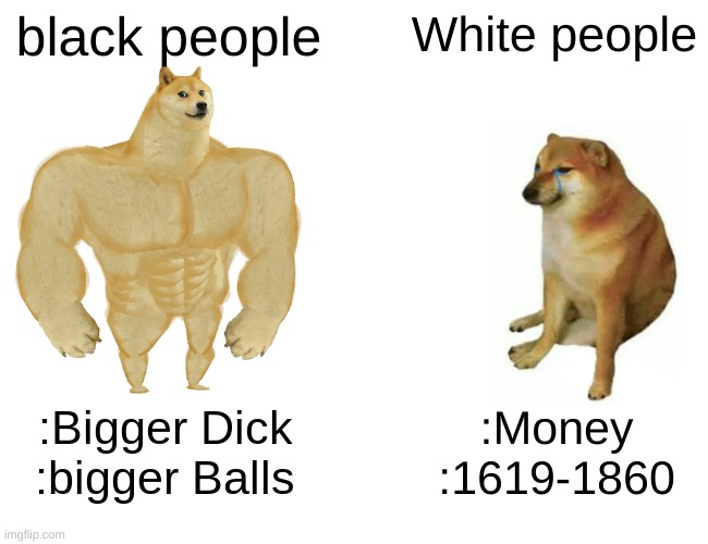 Buff Doge vs. Cheems Meme | black people; White people; :Bigger Dick
:bigger Balls; :Money
:1619-1860 | image tagged in memes,buff doge vs cheems | made w/ Imgflip meme maker