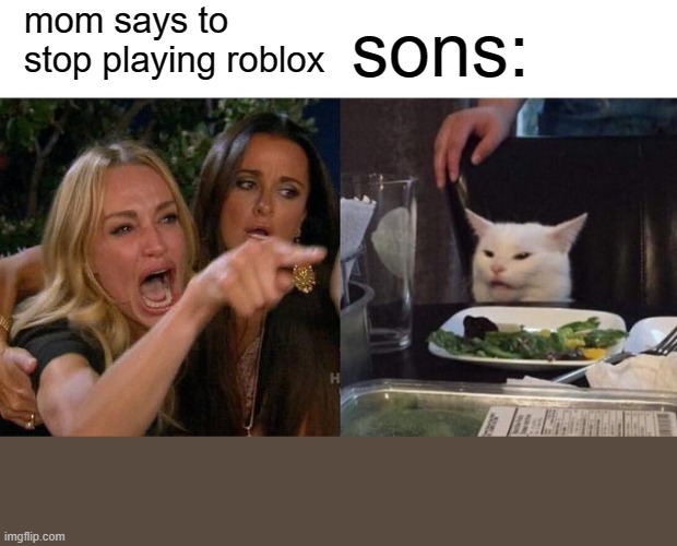 Woman Yelling At Cat | mom says to stop playing roblox; sons: | image tagged in memes,woman yelling at cat | made w/ Imgflip meme maker