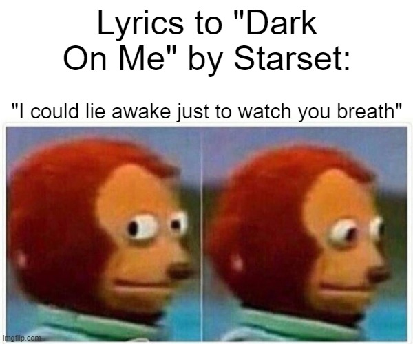 Dude, isn't that a bit creepy? | Lyrics to "Dark On Me" by Starset:; "I could lie awake just to watch you breath" | image tagged in memes,monkey puppet | made w/ Imgflip meme maker
