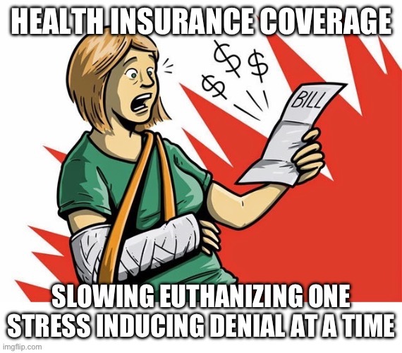 Denial Euthanasia | image tagged in health insurance,insurance,healthcare,bills,hospital | made w/ Imgflip meme maker