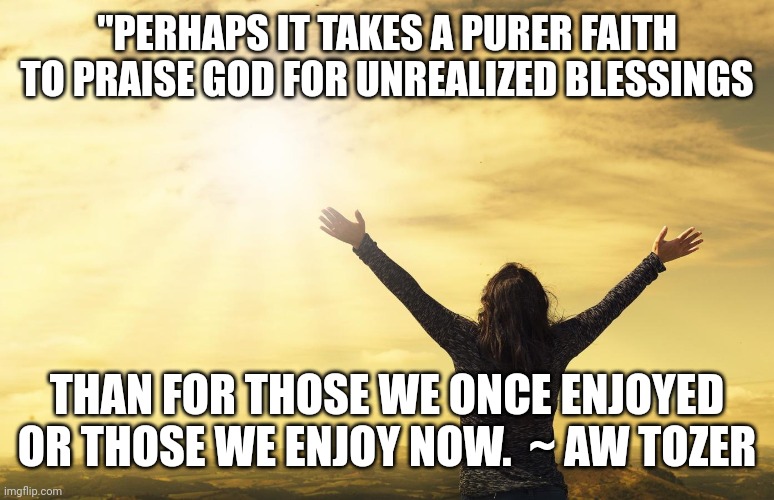 Praise Him | "PERHAPS IT TAKES A PURER FAITH TO PRAISE GOD FOR UNREALIZED BLESSINGS; THAN FOR THOSE WE ONCE ENJOYED OR THOSE WE ENJOY NOW.  ~ AW TOZER | image tagged in praise him | made w/ Imgflip meme maker