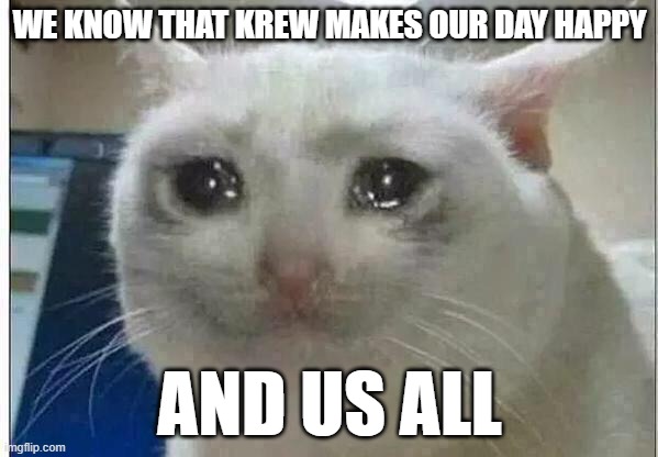 crying cat | WE KNOW THAT KREW MAKES OUR DAY HAPPY; AND US ALL | image tagged in crying cat | made w/ Imgflip meme maker