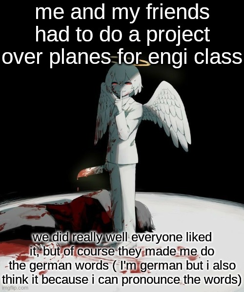 Avogado6 | me and my friends had to do a project over planes for engi class; we did really well everyone liked it, but of course they made me do the german words ( I'm german but i also think it because i can pronounce the words) | image tagged in avogado6 | made w/ Imgflip meme maker