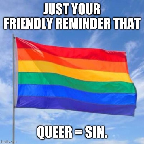 . | JUST YOUR FRIENDLY REMINDER THAT; QUEER = SIN. | image tagged in gay pride flag | made w/ Imgflip meme maker