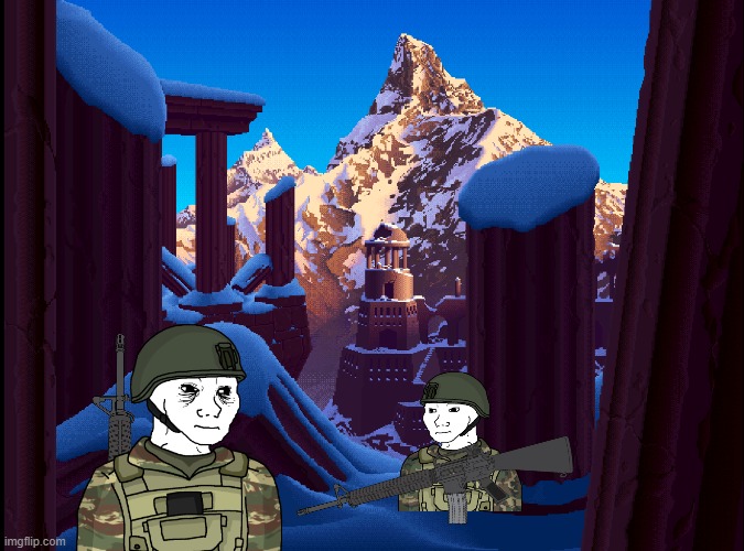 Eroican Soldiers Protecting an Alpine Ruin From the Anti-Fandom Wehrmacht(Art Credit : Mark Ferrari) | image tagged in pro-fandom,soldier,wojak,defense,peace,military industrial complex | made w/ Imgflip meme maker