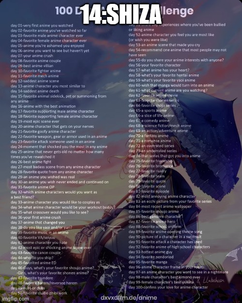 100 day anime challenge | 14:SHIZA | image tagged in 100 day anime challenge | made w/ Imgflip meme maker