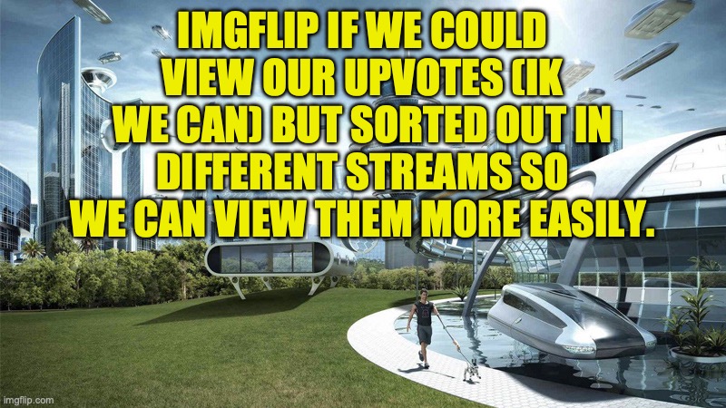 Another suggestion | IMGFLIP IF WE COULD VIEW OUR UPVOTES (IK WE CAN) BUT SORTED OUT IN DIFFERENT STREAMS SO WE CAN VIEW THEM MORE EASILY. | image tagged in the future world if | made w/ Imgflip meme maker
