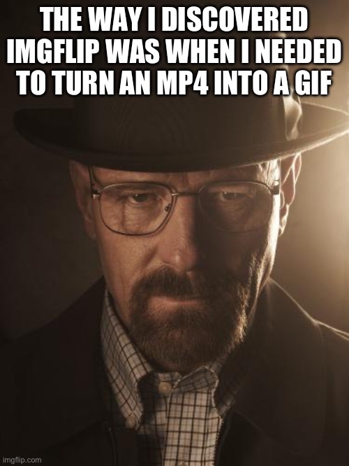 Walter White | THE WAY I DISCOVERED IMGFLIP WAS WHEN I NEEDED TO TURN AN MP4 INTO A GIF | image tagged in walter white | made w/ Imgflip meme maker