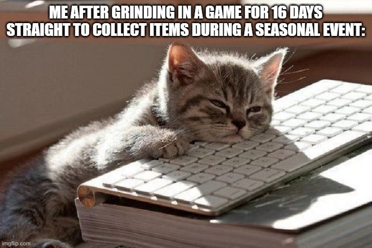 I FINALLY finished grinding in my favorite game for the items I wanted. | ME AFTER GRINDING IN A GAME FOR 16 DAYS STRAIGHT TO COLLECT ITEMS DURING A SEASONAL EVENT: | image tagged in too tired,video games,grinding,event | made w/ Imgflip meme maker