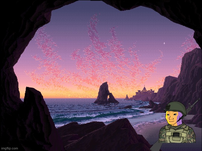 Davis At the Sunset (Art Credit : Mark Ferrari)(mod: why are you just like posting a soyjak) | image tagged in wojak,oc,soldier,beautiful | made w/ Imgflip meme maker