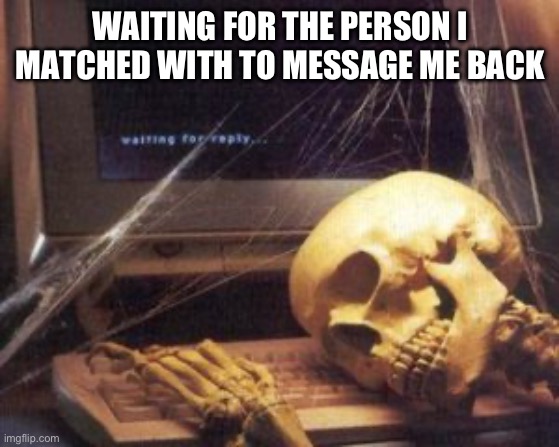 skeleton computer | WAITING FOR THE PERSON I MATCHED WITH TO MESSAGE ME BACK | image tagged in skeleton computer | made w/ Imgflip meme maker