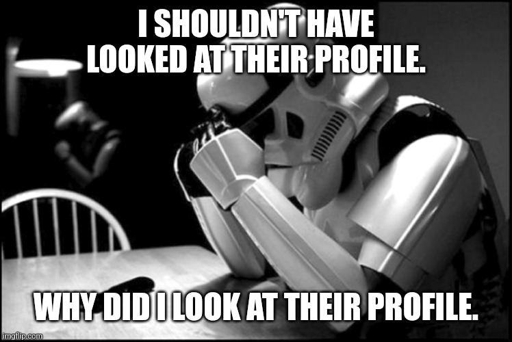 When you see a user saying some deplorable but you still look at their profile anyway. | I SHOULDN'T HAVE LOOKED AT THEIR PROFILE. WHY DID I LOOK AT THEIR PROFILE. | image tagged in stormtrooper holding head,social media | made w/ Imgflip meme maker