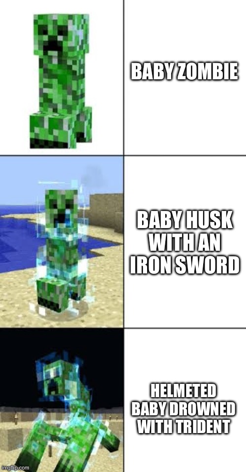 Minecraft creeper template | BABY ZOMBIE; BABY HUSK WITH AN IRON SWORD; HELMETED BABY DROWNED WITH TRIDENT | image tagged in minecraft creeper template | made w/ Imgflip meme maker