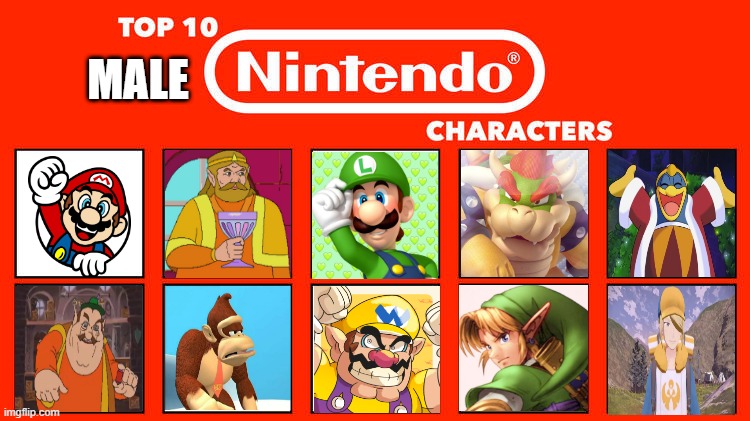 top 10 male nintendo characters | MALE | image tagged in top 10 nintendo characters,nintendo,zelda cdi,king dedede,donkey kong,mario | made w/ Imgflip meme maker