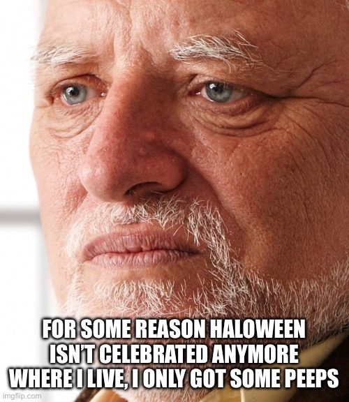 :( | FOR SOME REASON HALOWEEN ISN’T CELEBRATED ANYMORE WHERE I LIVE, I ONLY GOT SOME PEEPS | image tagged in dissapointment | made w/ Imgflip meme maker