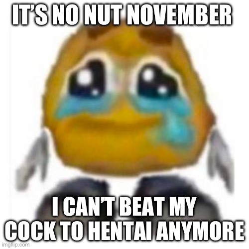 Crying emoji | IT’S NO NUT NOVEMBER; I CAN’T BEAT MY COCK TO HENTAI ANYMORE | image tagged in crying emoji | made w/ Imgflip meme maker