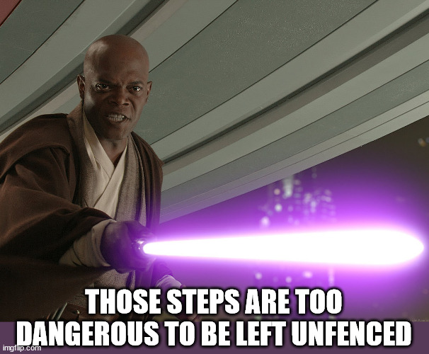 He's too dangerous to be left alive! | THOSE STEPS ARE TOO DANGEROUS TO BE LEFT UNFENCED | image tagged in he's too dangerous to be left alive | made w/ Imgflip meme maker