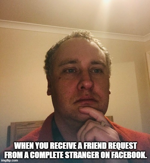 WHEN YOU RECEIVE A FRIEND REQUEST FROM A COMPLETE STRANGER ON FACEBOOK. | image tagged in suspicious aloysius | made w/ Imgflip meme maker