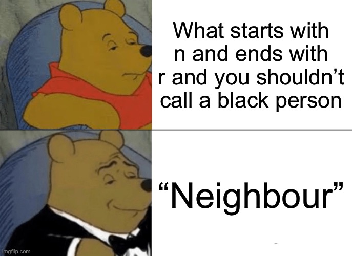 Tuxedo Winnie The Pooh | What starts with n and ends with r and you shouldn’t call a black person; “Neighbour” | image tagged in memes,tuxedo winnie the pooh | made w/ Imgflip meme maker
