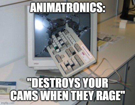 FNAF rage | ANIMATRONICS:; ''DESTROYS YOUR CAMS WHEN THEY RAGE'' | image tagged in fnaf rage | made w/ Imgflip meme maker