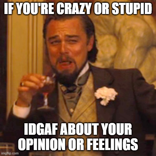 Laughing Leo | IF YOU'RE CRAZY OR STUPID; IDGAF ABOUT YOUR OPINION OR FEELINGS | image tagged in memes,laughing leo | made w/ Imgflip meme maker