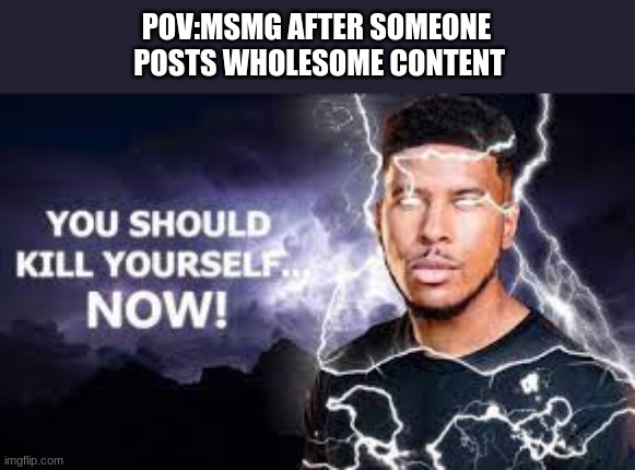 You Should Kill Yourself NOW! | POV:MSMG AFTER SOMEONE
 POSTS WHOLESOME CONTENT | image tagged in you should kill yourself now | made w/ Imgflip meme maker