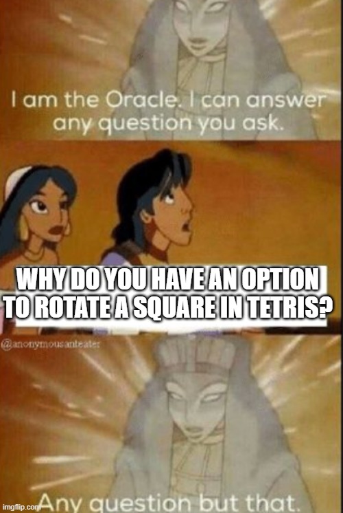 Dude,Its pointless | WHY DO YOU HAVE AN OPTION TO ROTATE A SQUARE IN TETRIS? | image tagged in the oracle | made w/ Imgflip meme maker