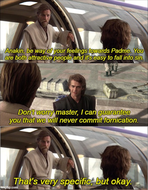 Anakin and Obi-Wan discuss Padme | Anakin, be way of your feelings towards Padme. You are both attractive people and it's easy to fall into sin. Don't worry master, I can guarantee you that we will never commit fornication. That's very specific, but okay. | image tagged in hold on this whole operation was your idea,obi-wan talking to anakin rots | made w/ Imgflip meme maker