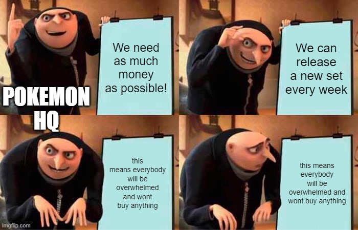 Gru's Plan Meme | We need as much money as possible! We can release a new set every week; POKEMON HQ; this means everybody will be overwhelmed and wont buy anything; this means everybody will be overwhelmed and wont buy anything | image tagged in memes,gru's plan,pokemon | made w/ Imgflip meme maker