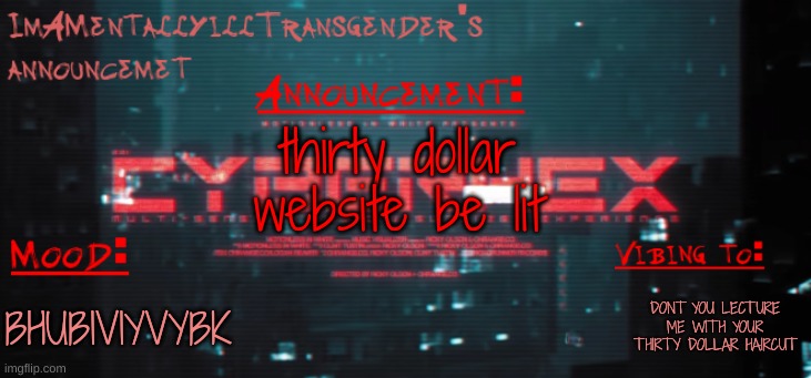 particle accelerator | thirty dollar website be lit; DONT YOU LECTURE ME WITH YOUR THIRTY DOLLAR HAIRCUT; BHUBIVIYVYBK | image tagged in imamentallyilltrangender's announcement temp | made w/ Imgflip meme maker