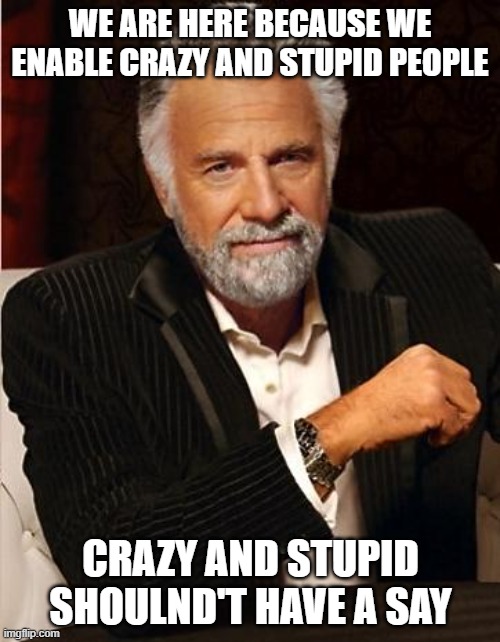 i don't always | WE ARE HERE BECAUSE WE ENABLE CRAZY AND STUPID PEOPLE; CRAZY AND STUPID SHOULND'T HAVE A SAY | image tagged in i don't always | made w/ Imgflip meme maker